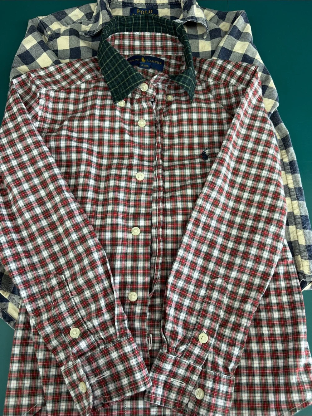 Ralph Lauren Red & White Plaid Button-Down with Green Contrast Collar